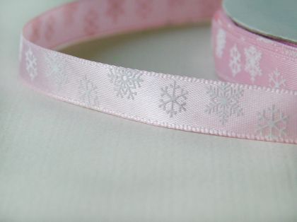 Панделка сатен  - Розово на снежинки - 5 м.