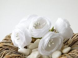 Букет цветя от плат с тичинки - Бяло  - 6 бр.