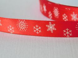 Панделка сатен  - Червено на снежинки - 5 м.
