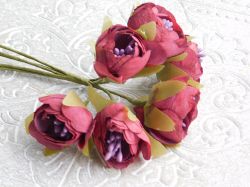 Цветя от плат - Божури с лилави тичинки - Вишна - 6 бр.