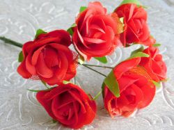 Цветя  от плат - Рози с мрежа - Червено - 6 бр.