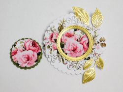 Кръгла рамка Рози в Златисто с таг – 3D декорация за скрапбук и картички - 1 бр.