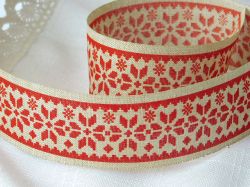 Панделка - Лен с червени мотиви - 1 м.