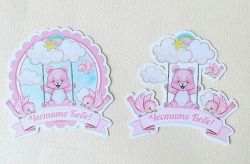 Комплект тагове и изрязани елементи - Bear on a pink swing - 2 бр.