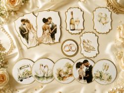 Комплект готови декоративни композиции Gold Wedding – 3D елементи за картички и scrapbooking - 11 броя