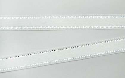 Панделка сатен - бяла със сребърен кант - 10м