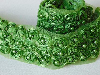 Дантела Органза с перли - Папрат зелено 