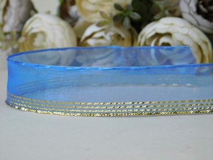 Панделка Органза - Метличина синьо със златен кант - 2 м.