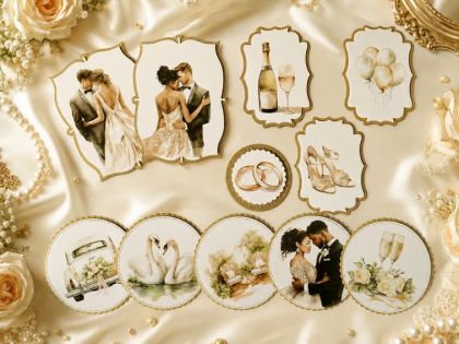 Комплект готови декоративни композиции Gold Wedding – 3D елементи за картички и scrapbooking - 11 броя