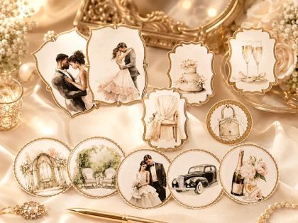 Комплект готови декоративни композиции Old Gold Wedding – 3D елементи за картички и scrapbooking - 11 броя
