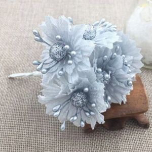 Текстилни цветя с топче - Сребро - 6 бр.