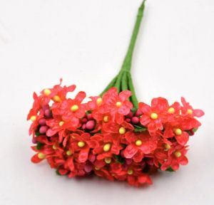 Букет цветя от плат с тичинки -  мини Червено - 12 бр.