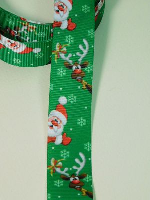 Панделка рипс -Зелена с Дядо Коледа и еленчета - 1 м