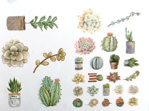 Комплект тагове и изрязани елементи - Succulents and cactuses - 33 бр.
