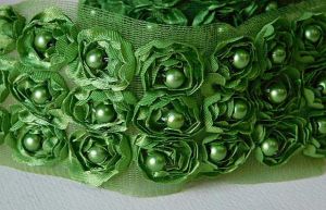 Дантела Органза с перли - Папрат зелено 
