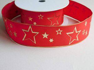 Панделка червена  на звездички с метален ръб - 2,00 м. (4,00 см)