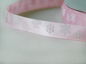 Панделка сатен  - Розово на снежинки - 5 м.