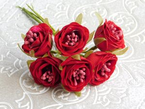 Текстилни цветя - Велур Червено - 6 бр.