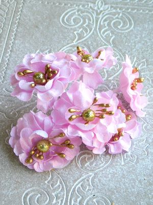 Текстилни цветя с топче - Розово - 6 бр.