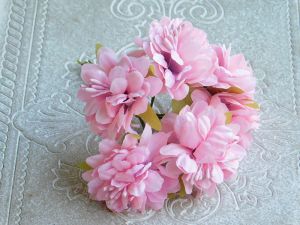 Текстилни цветя сатен - Розово с тичинки мат - 6 бр.