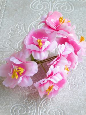 Текстилни цветя - Розово с тичинки мат - 6 бр.