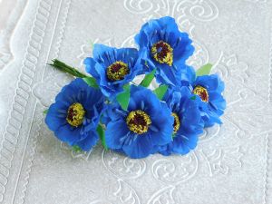 Текстилни цветя с велурени тичинки - Тълно Синьо - 6 бр.