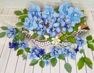 Комплект Ръчно изработени цветя от плат - Светло синьо - 16 елемента