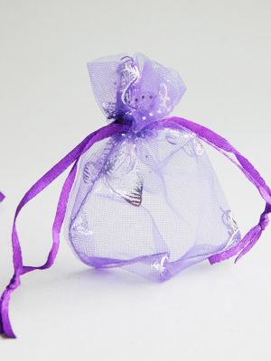 Малки Подаръчни торбички - Органза Лилаво  Сребристи пеперуди  - 25 бр