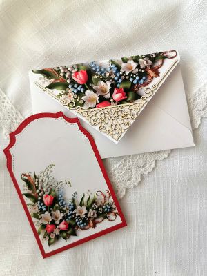 Комплект плик с вложка - Червено и златно Момина сълза- 15,70 х 10,00 см