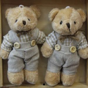 Мини плюшено мече с риза на цветя и ленен сукман - 12 см