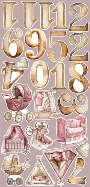 Комплект дизайнерска хартия с елементи за изрязване - Baby Girl Universe EXTRAS MIX - 18 листа