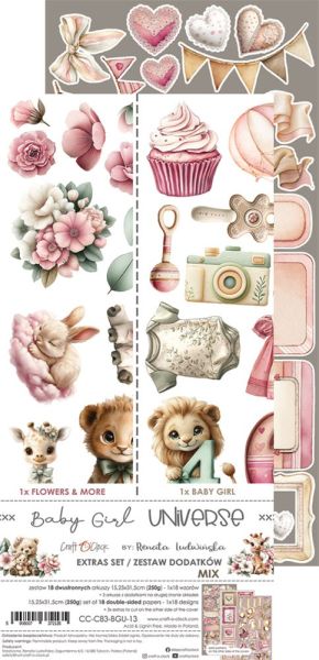 Комплект дизайнерска хартия с елементи за изрязване - Baby Girl Universe EXTRAS MIX - 18 листа