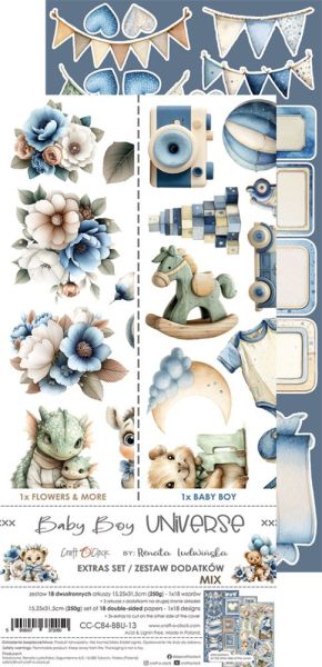 Комплект дизайнерска хартия с елементи за изрязване - Baby Boy Universe EXTRAS MIX - 18 листа