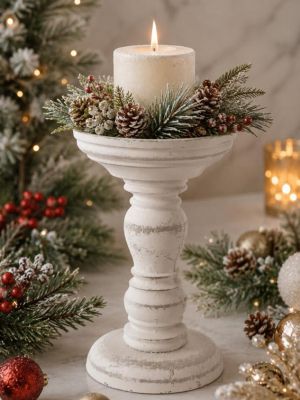 Shabby Chic Бял Дървен Свещник / Поставка - 10.50 х 17,00 см